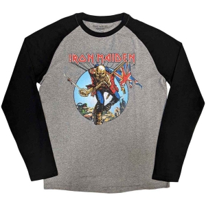 Iron Maiden - Trooper Burst Uni Grey/Bl Raglan: i gruppen MERCH / T-Shirt / Rockoff_Nya April24 hos Bengans Skivbutik AB (5531576r)