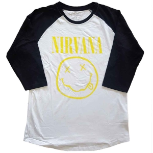 Nirvana - Yellow Smiley Uni Wht/Bl Raglan: i gruppen MERCH / T-Shirt / Rockoff_Nya April24 hos Bengans Skivbutik AB (5535341r)