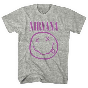 Nirvana - Purple Smiley Uni Grey i gruppen MERCH / T-Shirt / Rockoff_Nya April24 hos Bengans Skivbutik AB (5535347r)