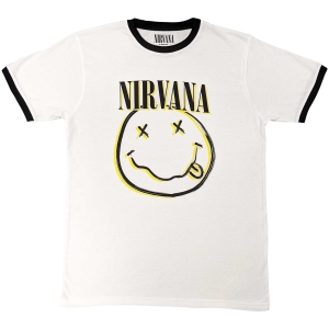 Nirvana - Double Smiley Ringer Uni Wht i gruppen MERCH / T-Shirt / Rockoff_Nya April24 hos Bengans Skivbutik AB (5535361r)