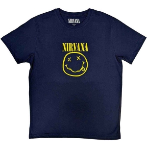 Nirvana - Yellow Happy Face Uni Navy i gruppen MERCHANDISE / T-shirt / Pop-Rock hos Bengans Skivbutik AB (5546464r)