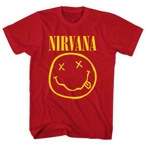 Nirvana - Yellow Happy Face Uni Red i gruppen MERCHANDISE / T-shirt / Pop-Rock hos Bengans Skivbutik AB (5546467r)